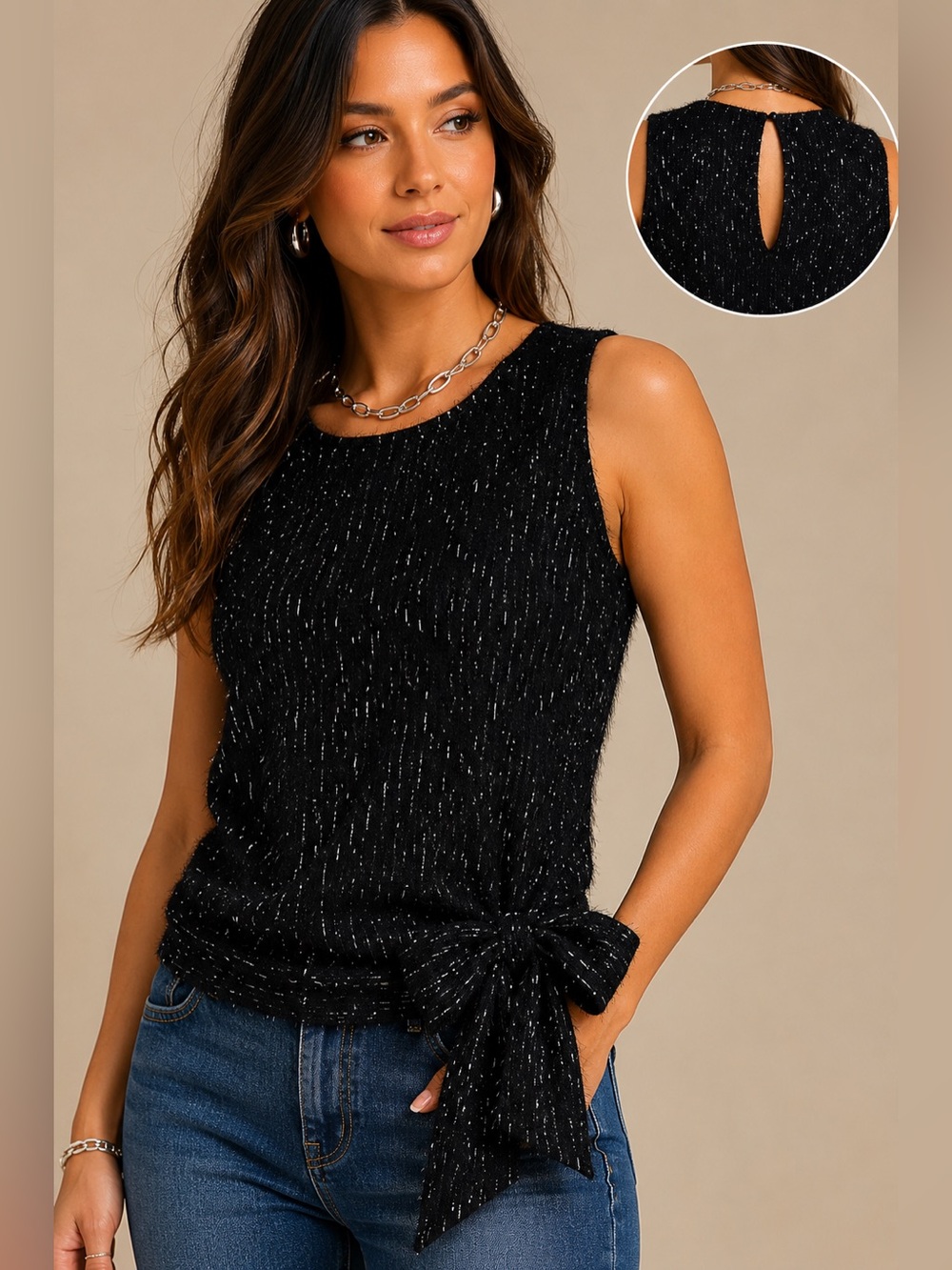 Melissa Paige Black & Silver Textured Sleeveless Side-Tie Top